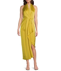 Alex Marie Petite Size Hazel Halter Neck Sleeveless Draped Asymmetrical Hem Satin Dress