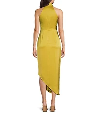 Alex Marie Petite Size Hazel Halter Neck Sleeveless Draped Asymmetrical Hem Satin Dress