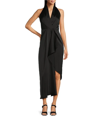 Alex Marie Petite Size Hazel Halter Neck Sleeveless Draped Asymmetrical Hem Satin Dress