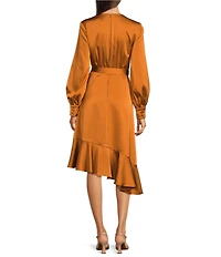 Alex Marie Petite Size Lilac Hammered Satin V-Neck Long Sleeve Dress