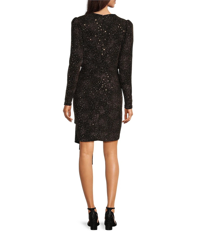 Alex Marie Petite Size Milly Glitter Knit Surplice V-Neck Long Blouson Sleeve Wrap Bodycon Mini Dress