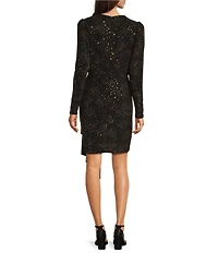 Alex Marie Petite Size Milly Glitter Knit Surplice V-Neck Long Blouson Sleeve Wrap Bodycon Mini Dress