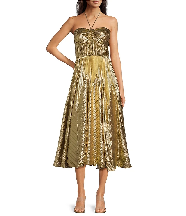 Alex Marie Petite Size Olympia Woven Metallic Hatler Sweetheart Neck  Sleeveless Ruched Fit and Flare Flounce Midi Dress | Liberty Center