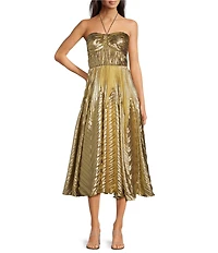 Alex Marie Petite Size Olympia Woven Metallic Hatler Sweetheart Neck Sleeveless Ruched Fit and Flare Flounce Midi Dress