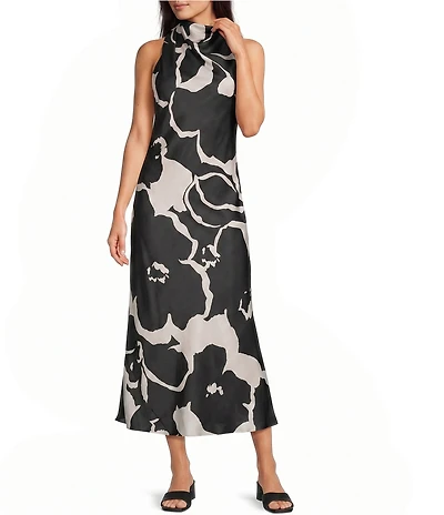 Alex Marie Petite Sonja Floral Mock Neck Sleeveless Satin Dress