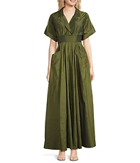 Alex Marie Serafina Taffeta Collared V-Neck Short Sleeve Maxi Gown