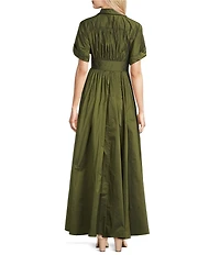 Alex Marie Serafina Taffeta Collared V-Neck Short Sleeve Maxi Gown