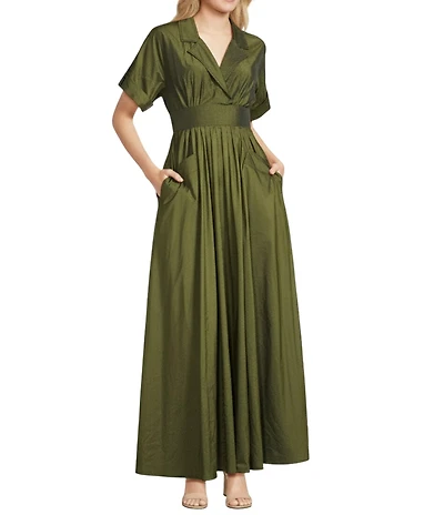 Alex Marie Serafina Taffeta Collared V-Neck Short Sleeve Maxi Gown