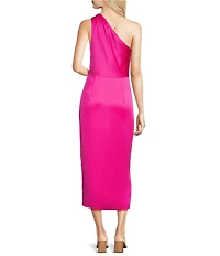 Alex Marie Shirley Satin Asymmetric One Side Sleeveless Sheath Wrap Midi Dress