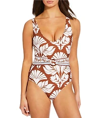 Alex Marie Signature Sculpt Nouveau Tropical V-Neck Belted Tortoise Ring One Piece Swimsuit