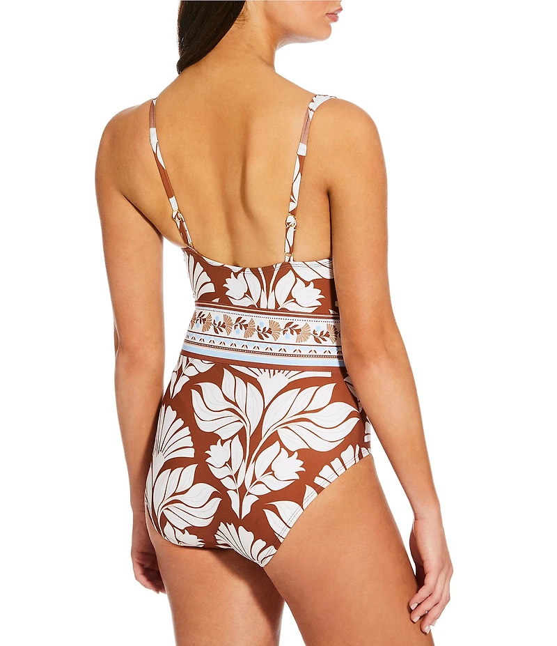 Alex Marie Signature Sculpt Nouveau Tropical V-Neck Belted Tortoise Ring One Piece Swimsuit