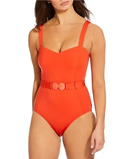 Alex Marie Signature Sculpt Solid Seamed Belted One Piece Swimsuit