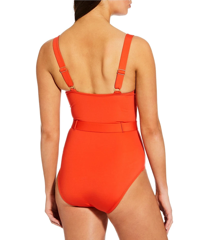 Alex Marie Signature Sculpt Solid Seamed Belted One Piece Swimsuit