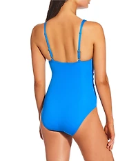 Alex Marie Signature Sculpt Solid V-Neck Belted Tortiose Ring One Piece Swimsuit