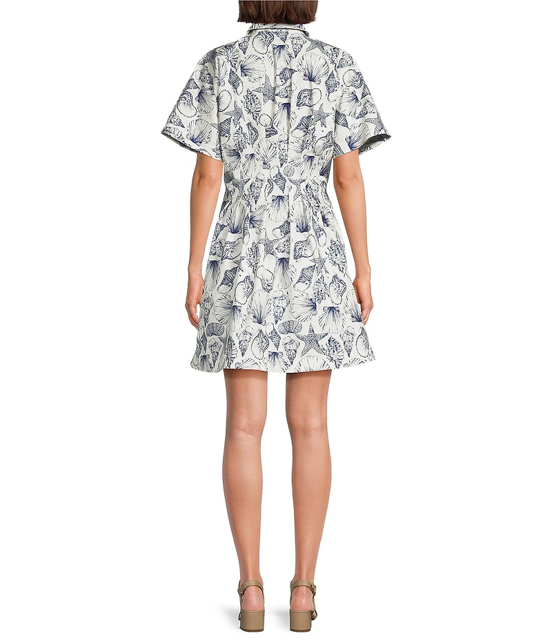 Alex Marie Sophia Shell Print Collar Short Sleeve Printed Poplin Dress