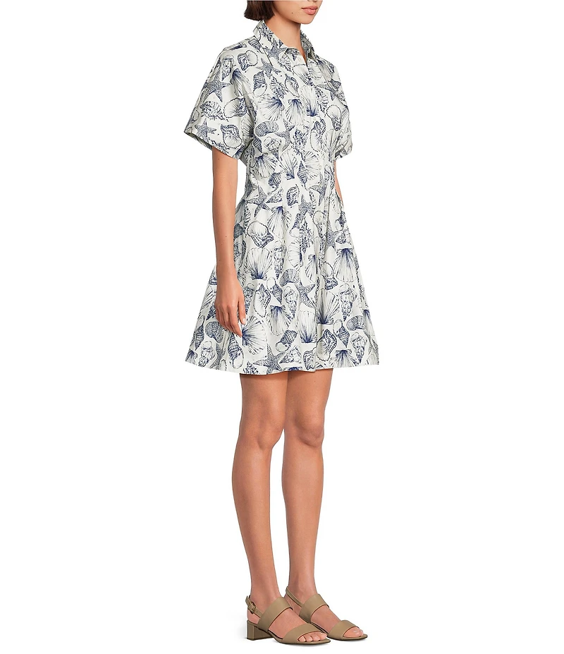 Alex Marie Sophia Shell Print Collar Short Sleeve Printed Poplin Dress