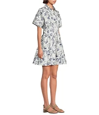 Alex Marie Sophia Shell Print Collar Short Sleeve Printed Poplin Dress