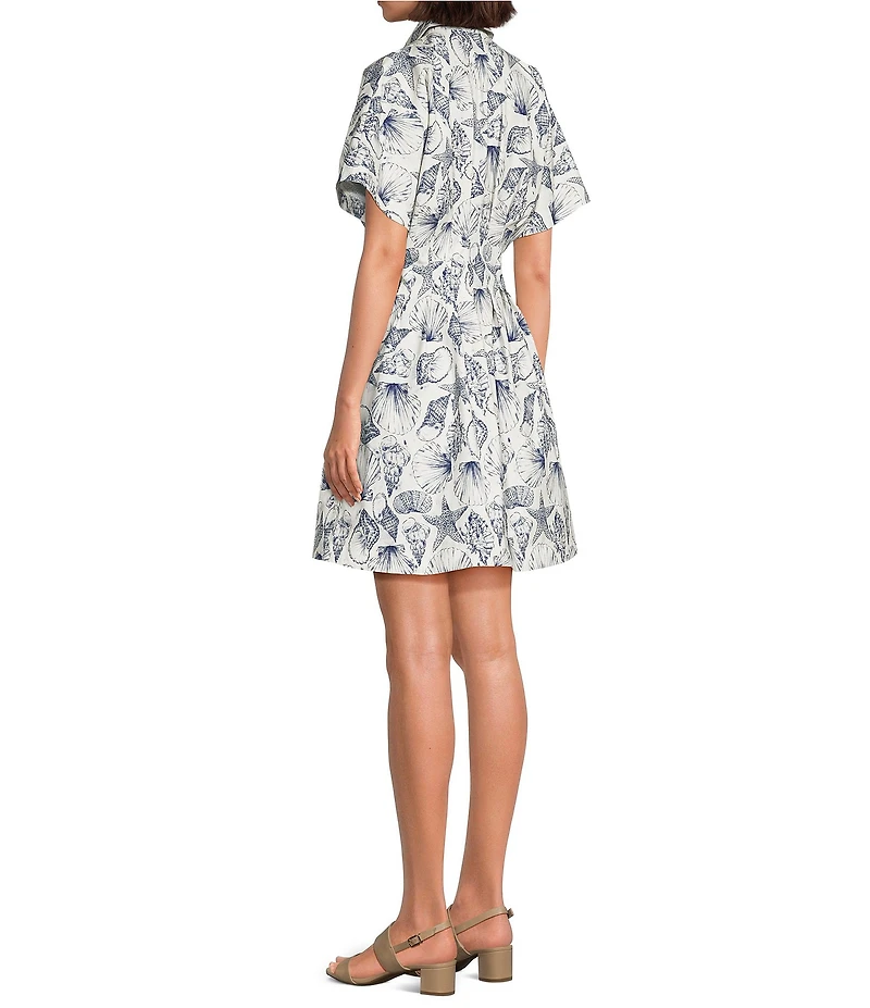Alex Marie Sophia Shell Print Collar Short Sleeve Printed Poplin Dress