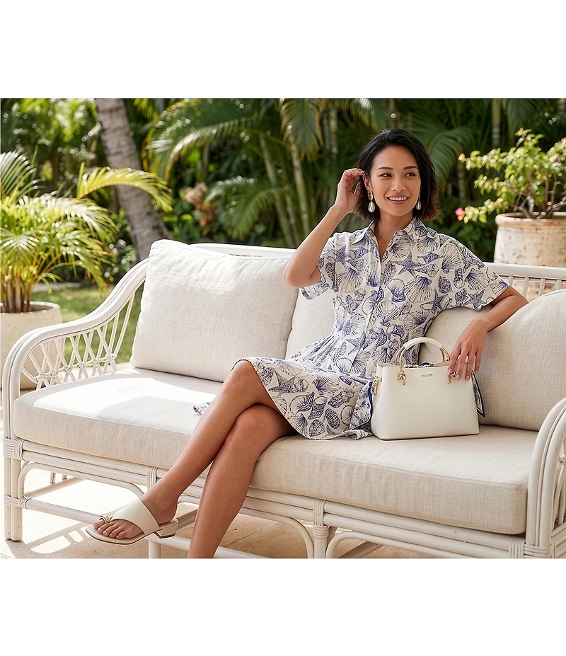 Alex Marie Sophia Shell Print Collar Short Sleeve Printed Poplin Dress