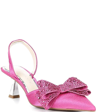 Alex Marie Wendy Satin Rhinestone Bow Slingback Pumps
