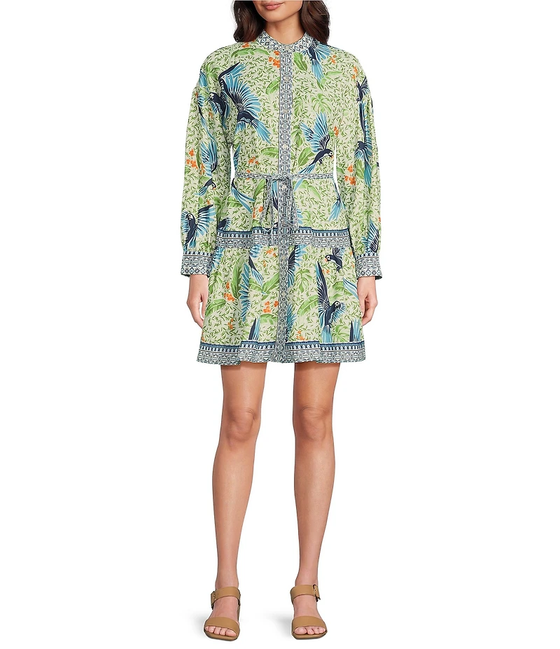 Alex Marie Wren Bird Print Long Sleeve Button Front Dress