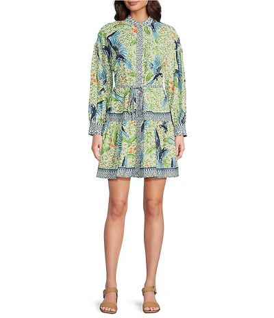 Alex Marie Wren Bird Print Long Sleeve Button Front Dress