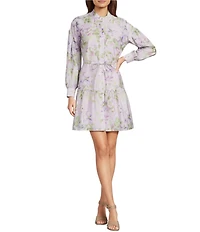Alex Marie Wren Printed Linen Blend Floral Mandarin Neckline Long Sleeve Dress