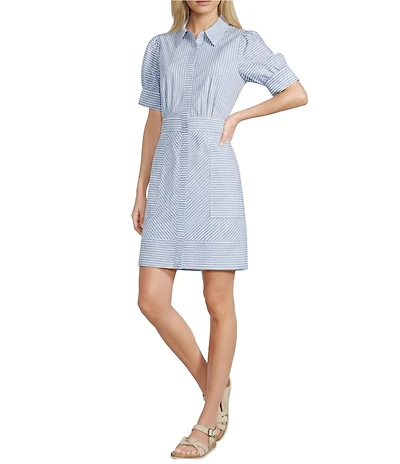 Alex Marie Zoe Stripe Collar Short Sleeve Striped Poplin Dress