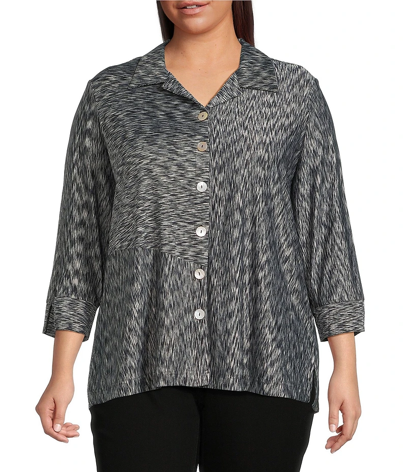 Ali Mile Plus Size Yarn-Dye Knit Abstract Print Point Collar 3/4 Cuff Sleeve Button Front Tunic
