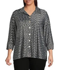 Ali Mile Plus Size Yarn-Dye Knit Abstract Print Point Collar 3/4 Cuff Sleeve Button Front Tunic