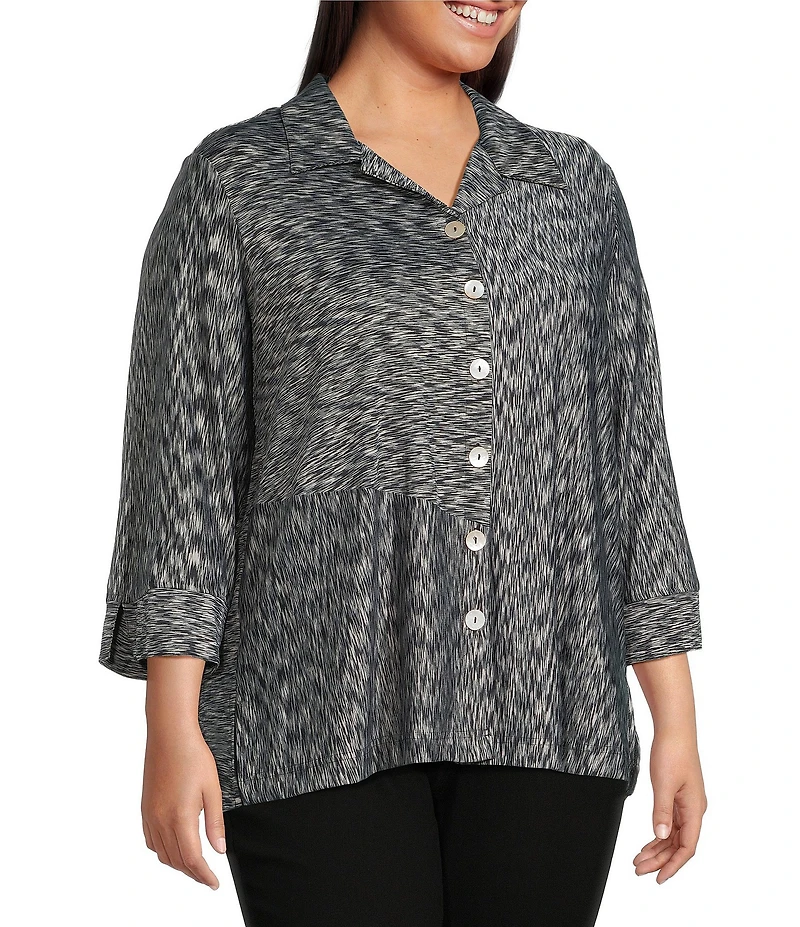 Ali Mile Plus Size Yarn-Dye Knit Abstract Print Point Collar 3/4 Cuff Sleeve Button Front Tunic