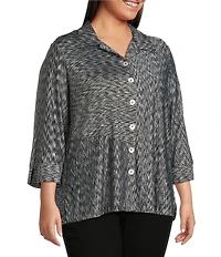 Ali Mile Plus Size Yarn-Dye Knit Abstract Print Point Collar 3/4 Cuff Sleeve Button Front Tunic