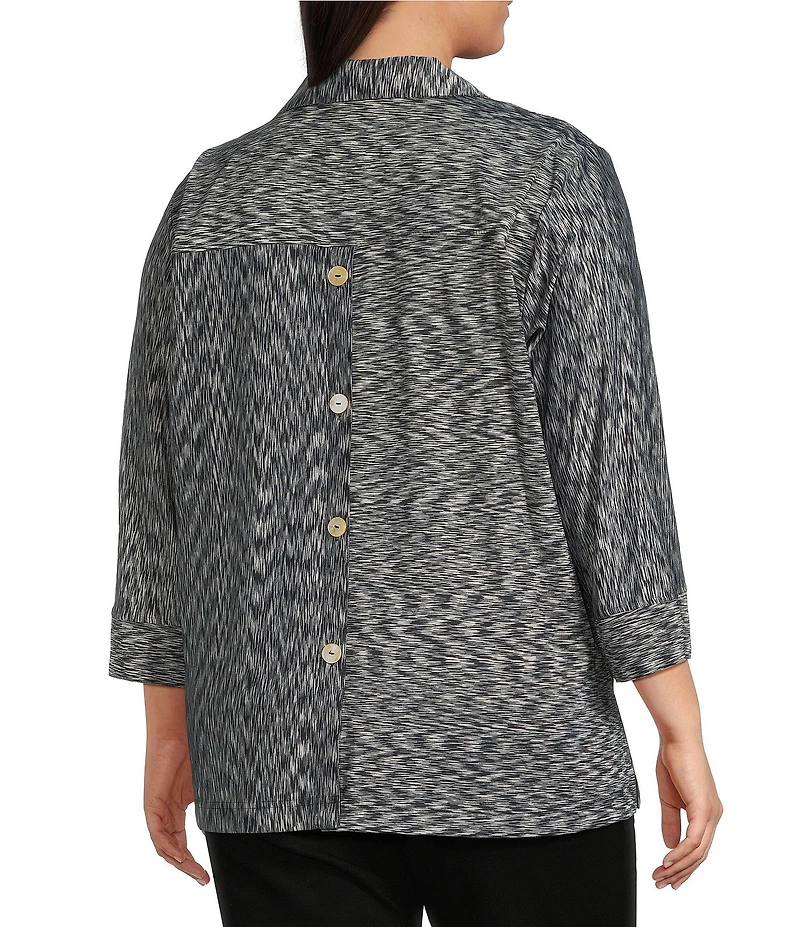 Ali Mile Plus Size Yarn-Dye Knit Abstract Print Point Collar 3/4 Cuff Sleeve Button Front Tunic