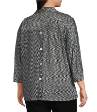 Ali Mile Plus Size Yarn-Dye Knit Abstract Print Point Collar 3/4 Cuff Sleeve Button Front Tunic
