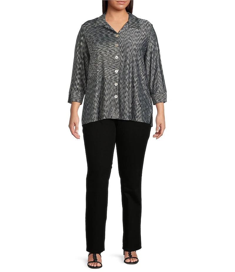 Ali Mile Plus Size Yarn-Dye Knit Abstract Print Point Collar 3/4 Cuff Sleeve Button Front Tunic