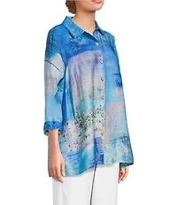 Ali Miles Abstract Block Printed Point Collar 3/4 Sleeve Button Front Tunic