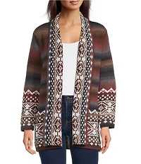 Ali Miles Abstract Border Print 3/4 Sleeve Open-Front Cardigan