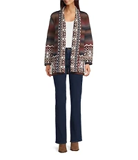 Ali Miles Abstract Border Print 3/4 Sleeve Open-Front Cardigan