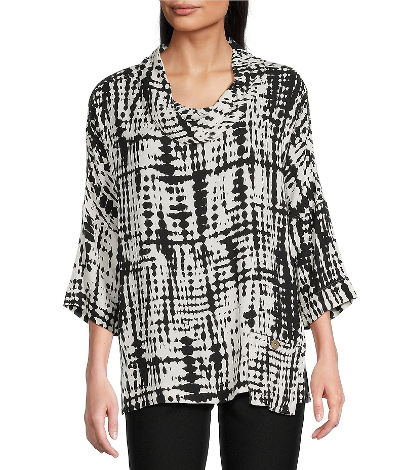 Ali Miles Abstract Brush Stroke Cowl Neck 3/4 Dolman Sleeve Tunic
