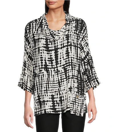 Ali Miles Abstract Brush Stroke Cowl Neck 3/4 Dolman Sleeve Tunic