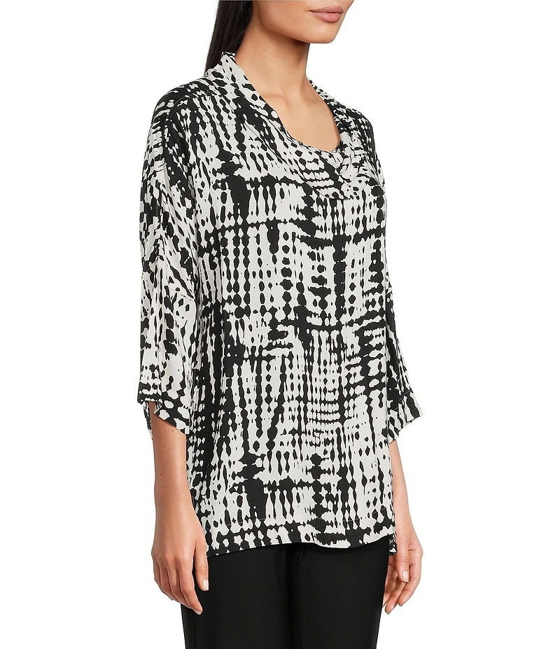 Ali Miles Abstract Brush Stroke Cowl Neck 3/4 Dolman Sleeve Tunic