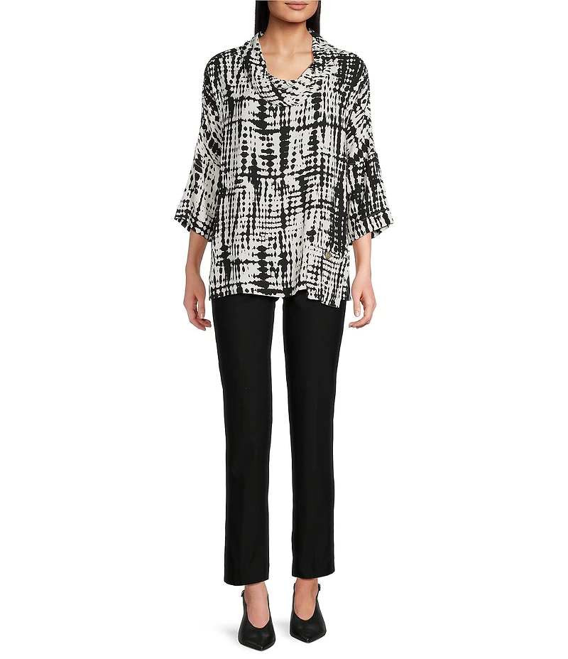 Ali Miles Abstract Brush Stroke Cowl Neck 3/4 Dolman Sleeve Tunic