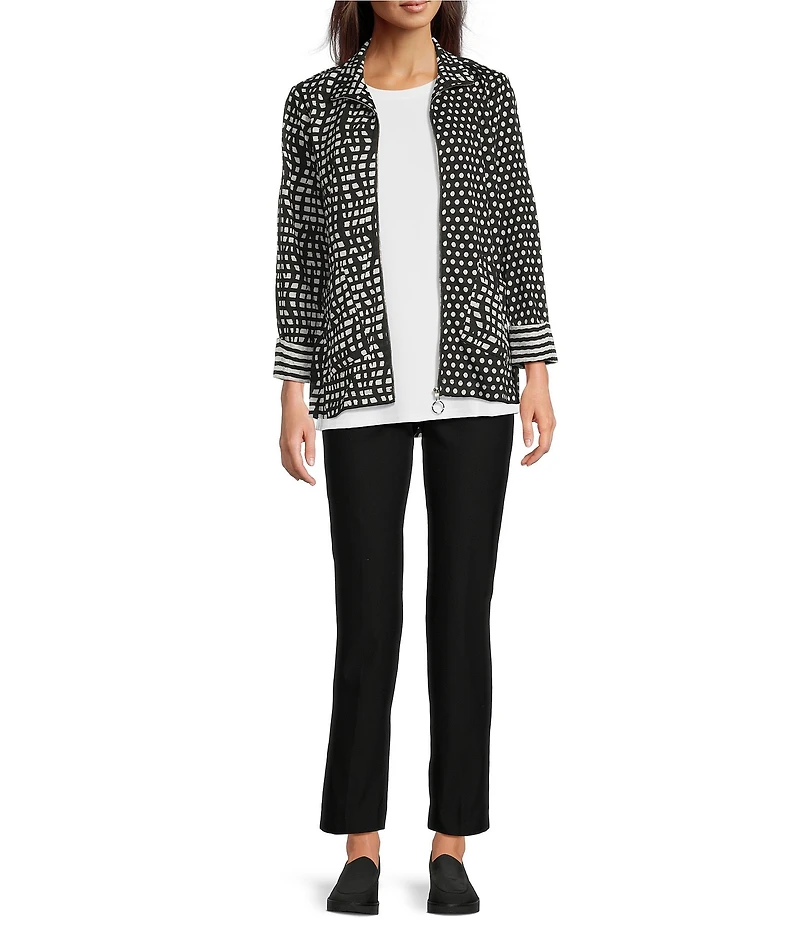 Ali Miles Abstract Dotted Mock Neck Elbow Sleeve Zip-Front Tunic