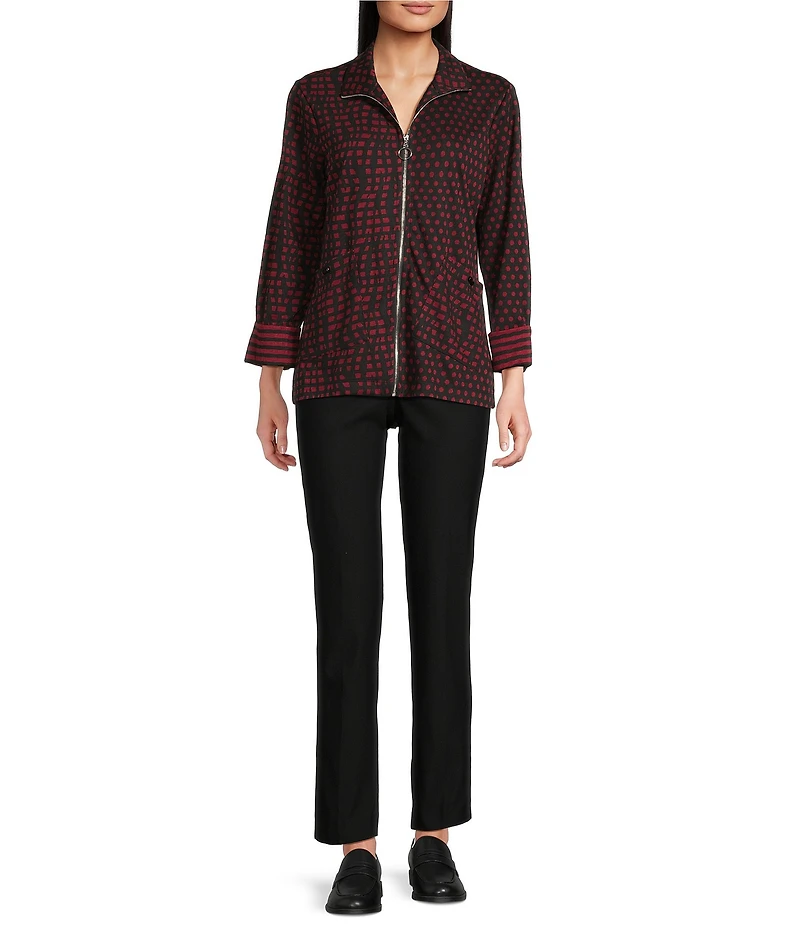 Ali Miles Abstract Dotted Mock Neck Elbow Sleeve Zip-Front Tunic