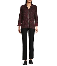 Ali Miles Abstract Dotted Mock Neck Elbow Sleeve Zip-Front Tunic