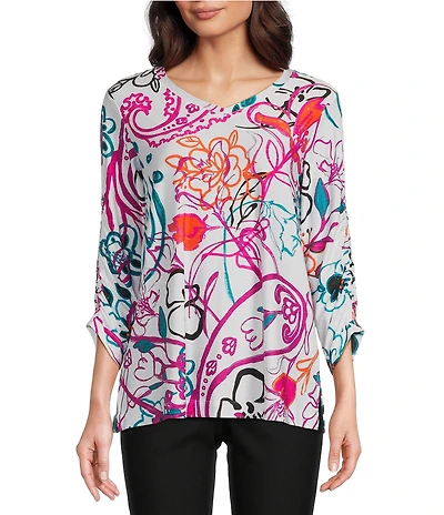 Ali Miles Abstract Floral V-Neck 3/4 Cinch Sleeve Tunic