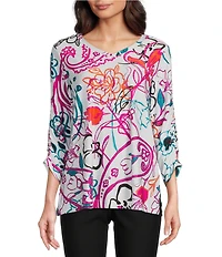 Ali Miles Abstract Floral V-Neck 3/4 Cinch Sleeve Tunic