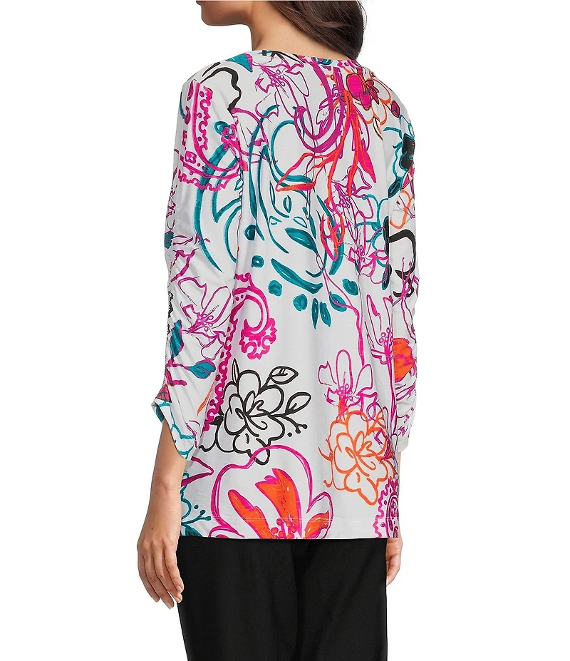 Ali Miles Abstract Floral V-Neck 3/4 Cinch Sleeve Tunic