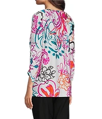 Ali Miles Abstract Floral V-Neck 3/4 Cinch Sleeve Tunic