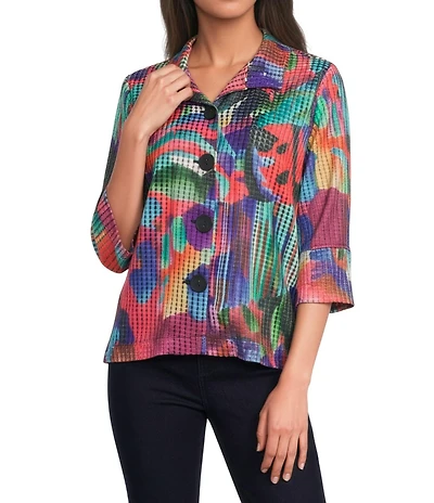 Ali Miles Abstract Multi Print Wire Collar 3/4 Sleeve Button-Front Jacket